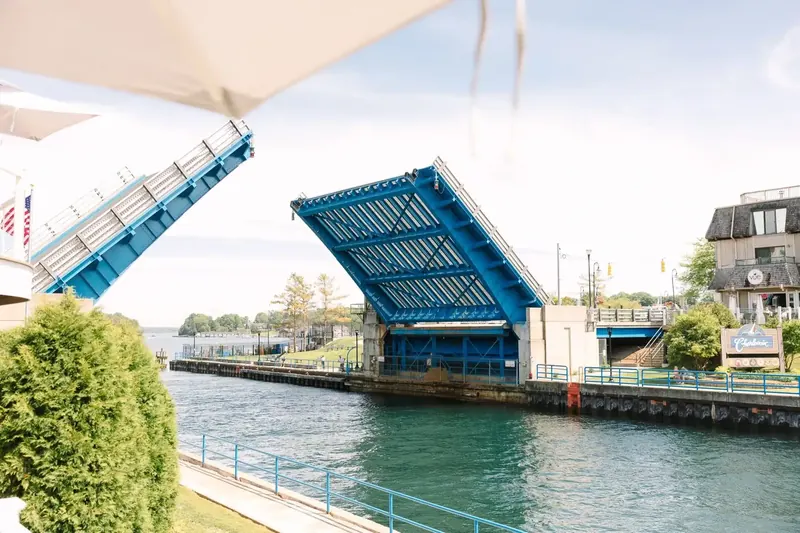The blue drawbridge raised, seen from the restaurant deck